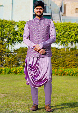 Embroidered Georgette Nehru Jacket in Light Purple