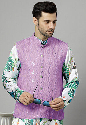 Embroidered Georgette Nehru Jacket in Light Purple