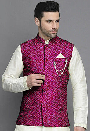 Embroidered Georgette Nehru Jacket in Magenta