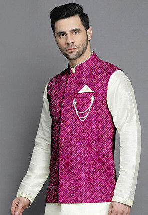 Embroidered Georgette Nehru Jacket in Magenta