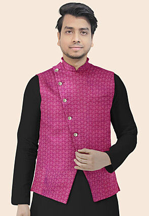 Embroidered Georgette Nehru Jacket in Magenta