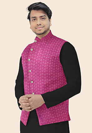 Embroidered Georgette Nehru Jacket in Magenta