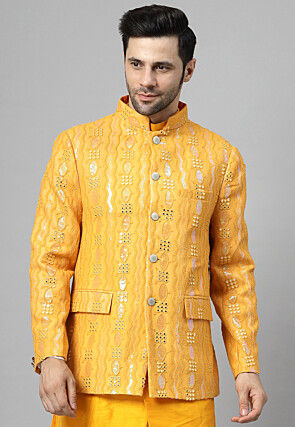 Embroidered Georgette Nehru Jacket in Mustard