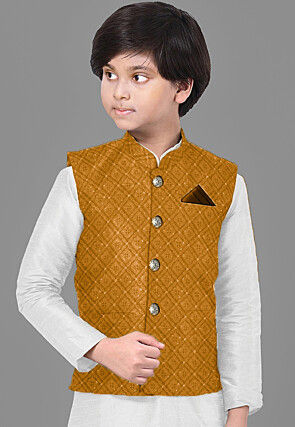 Embroidered Georgette Nehru Jacket in Mustard