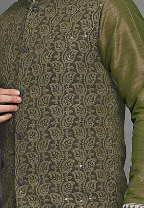 Embroidered Georgette Nehru Jacket in Olive Green