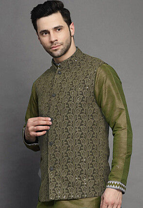Embroidered Georgette Nehru Jacket in Olive Green