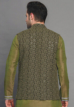 Embroidered Georgette Nehru Jacket in Olive Green