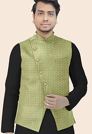 Embroidered Georgette Nehru Jacket in Olive Green