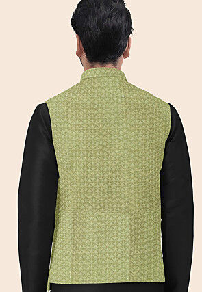 Embroidered Georgette Nehru Jacket in Olive Green
