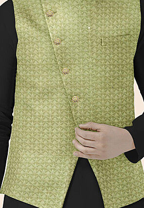 Embroidered Georgette Nehru Jacket in Olive Green