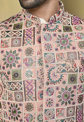 Embroidered Georgette Nehru Jacket in Peach