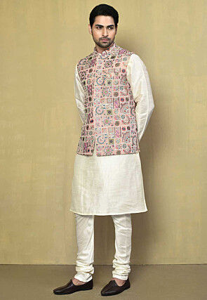 Embroidered Georgette Nehru Jacket in Peach