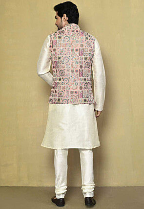Embroidered Georgette Nehru Jacket in Peach
