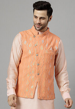 Embroidered Georgette Nehru Jacket in Peach