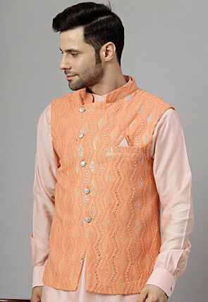 Embroidered Georgette Nehru Jacket in Peach