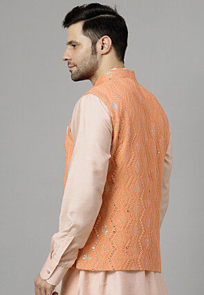 Embroidered Georgette Nehru Jacket in Peach