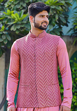 Embroidered Georgette Nehru Jacket in Pink