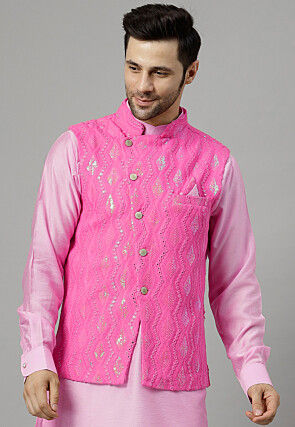 Embroidered Georgette Nehru Jacket in Pink