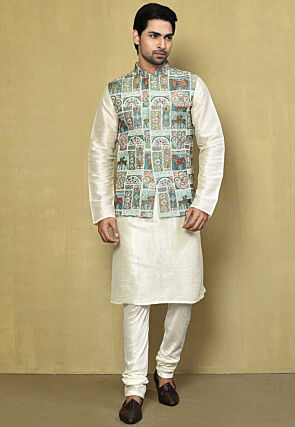 Embroidered Georgette Nehru Jacket in Sea Green and Multicolor