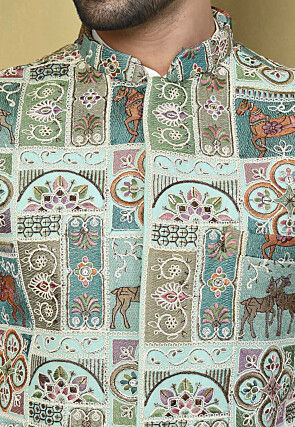 Embroidered Georgette Nehru Jacket in Sea Green and Multicolor