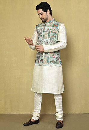 Embroidered Georgette Nehru Jacket in Sea Green and Multicolor