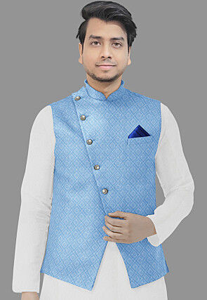 Embroidered Georgette Nehru Jacket in Light Blue : MTE1885