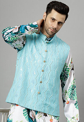 Embroidered Georgette Nehru Jacket in Sky Blue