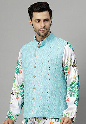 Embroidered Georgette Nehru Jacket in Sky Blue