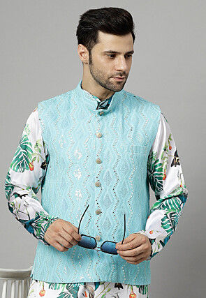 Embroidered Georgette Nehru Jacket in Sky Blue