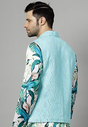 Embroidered Georgette Nehru Jacket in Sky Blue