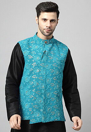Embroidered Georgette Nehru Jacket in Sky Blue