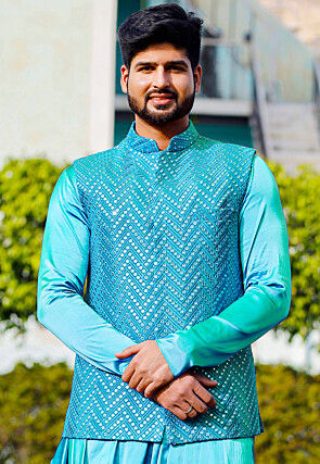 Embroidered Georgette Nehru Jacket in Turquoise