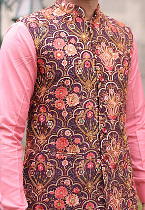 Embroidered Georgette Nehru Jacket in Wine