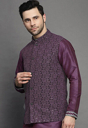 Embroidered Georgette Nehru Jacket in Wine
