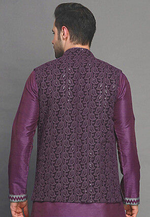 Embroidered Georgette Nehru Jacket in Wine