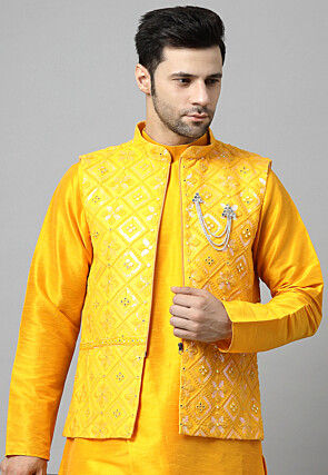 Embroidered Georgette Nehru Jacket in Yellow