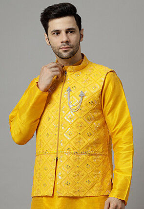 Embroidered Georgette Nehru Jacket in Yellow