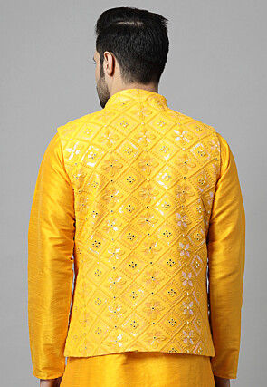 Embroidered Georgette Nehru Jacket in Yellow