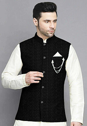 Embroidered Georgette Nehru Jacket in Black