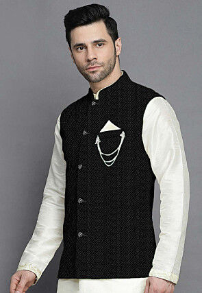 Embroidered Georgette Nehru Jacket in Black