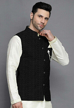 Embroidered Georgette Nehru Jacket in Black