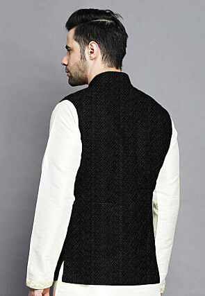 Embroidered Georgette Nehru Jacket in Black