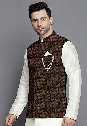 Embroidered Georgette Nehru Jacket in Brown