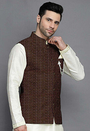 Embroidered Georgette Nehru Jacket in Brown