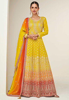Embroidered Georgette Abaya Style Suit in Yellow