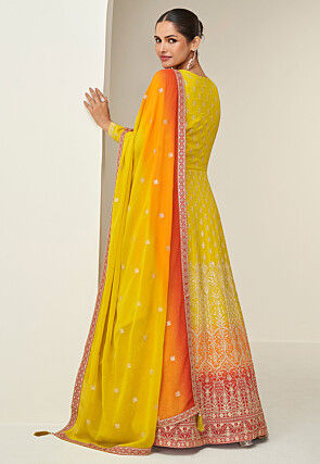 Embroidered Georgette Abaya Style Suit in Yellow