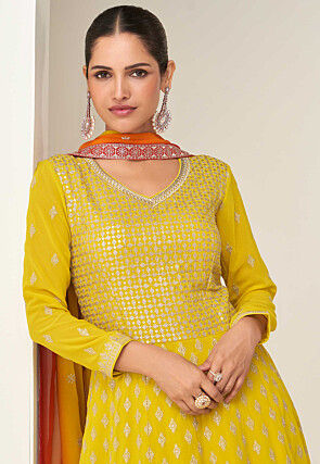 Embroidered Georgette Abaya Style Suit in Yellow
