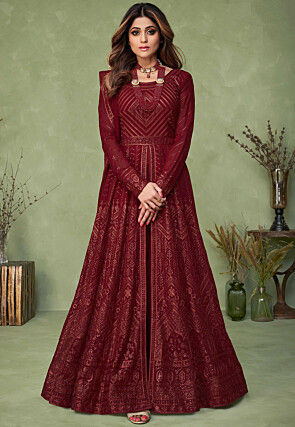 Embroidered Georgette Open Slit Abaya Style Suit in Maroon