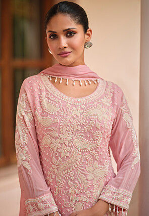 Embroidered Georgette Pakistani Suit in Baby Pink