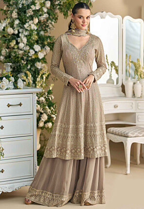 Embroidered Georgette Pakistani Suit in Beige